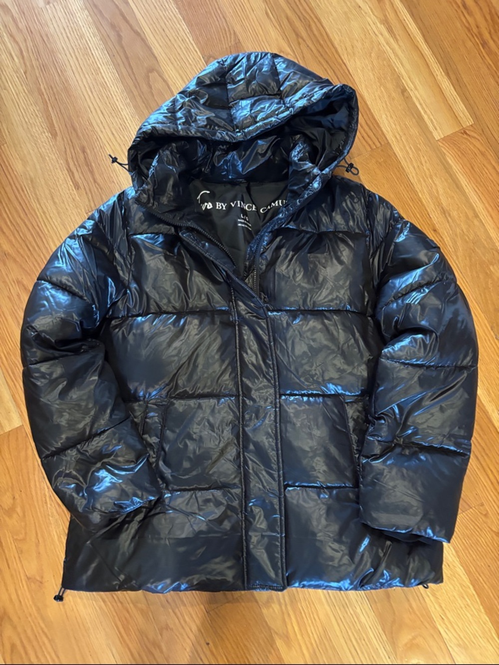 Vince Camuto Shiny Black Hooded Puffer Jacket